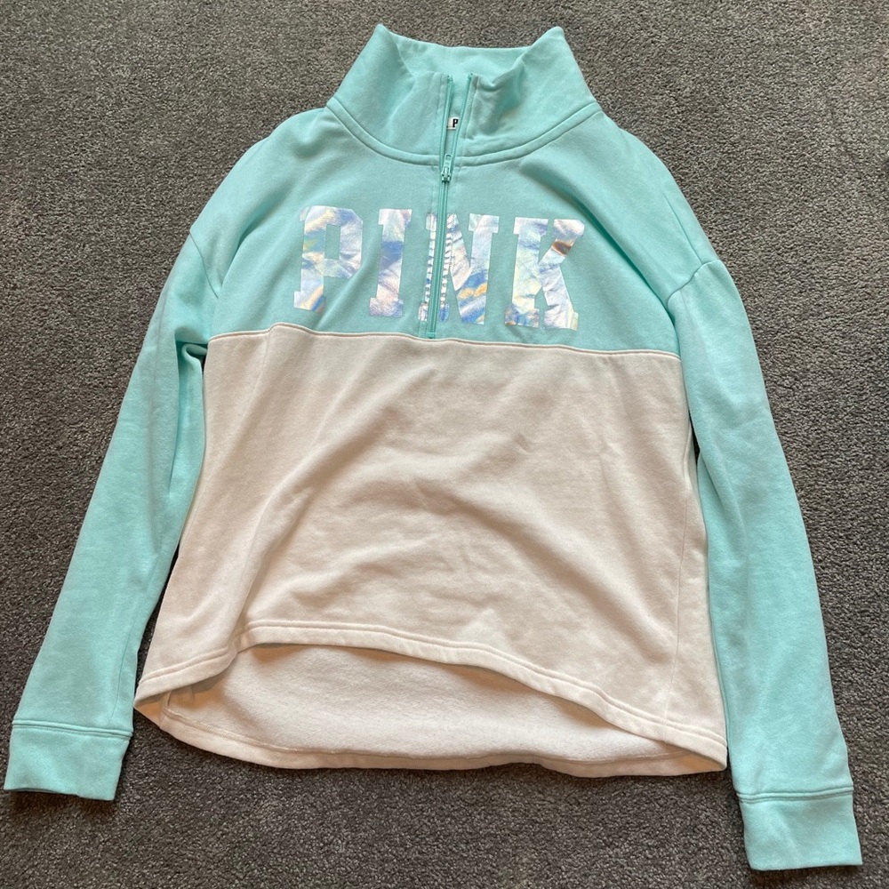 Teal and white PINK sweatshirt, size small!